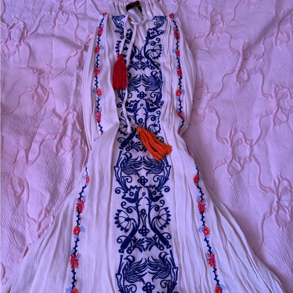 Embroidered White and Blue Maxi Dress